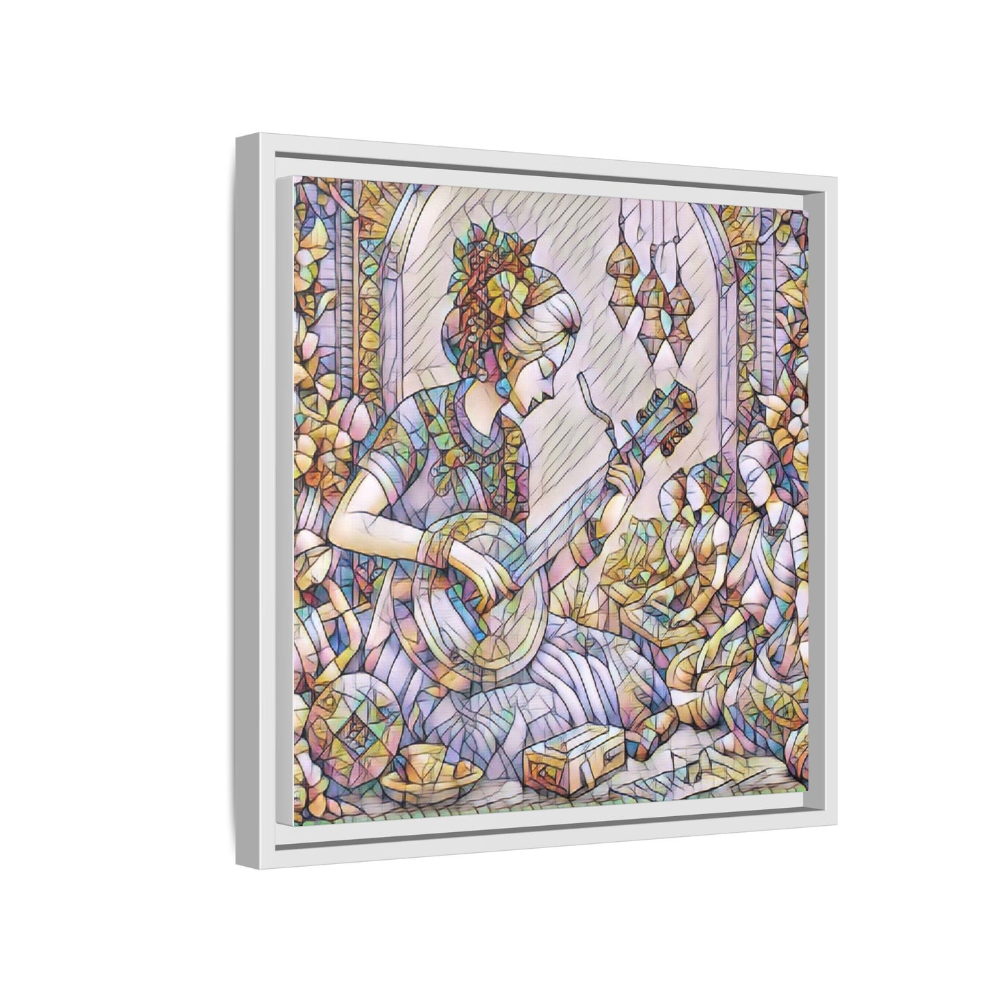 Framed Matte Canvas: Bohemian Woman Playing Lute — Stained-Glass Style Wall Art