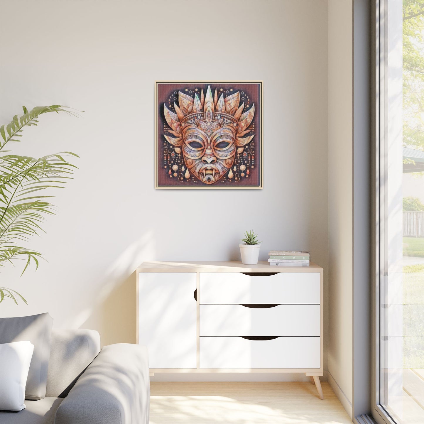 Tribal Sun Mask Framed Canvas Art — Boho Ethnic Wall Decor