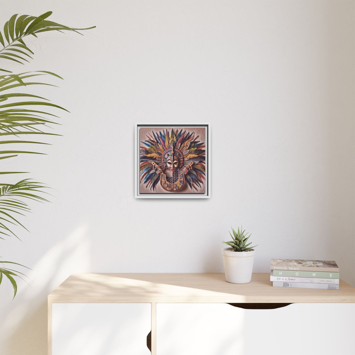 Tribal Feather Mask Guitar Framed Canvas Art — Colorful Boho Wall Decor