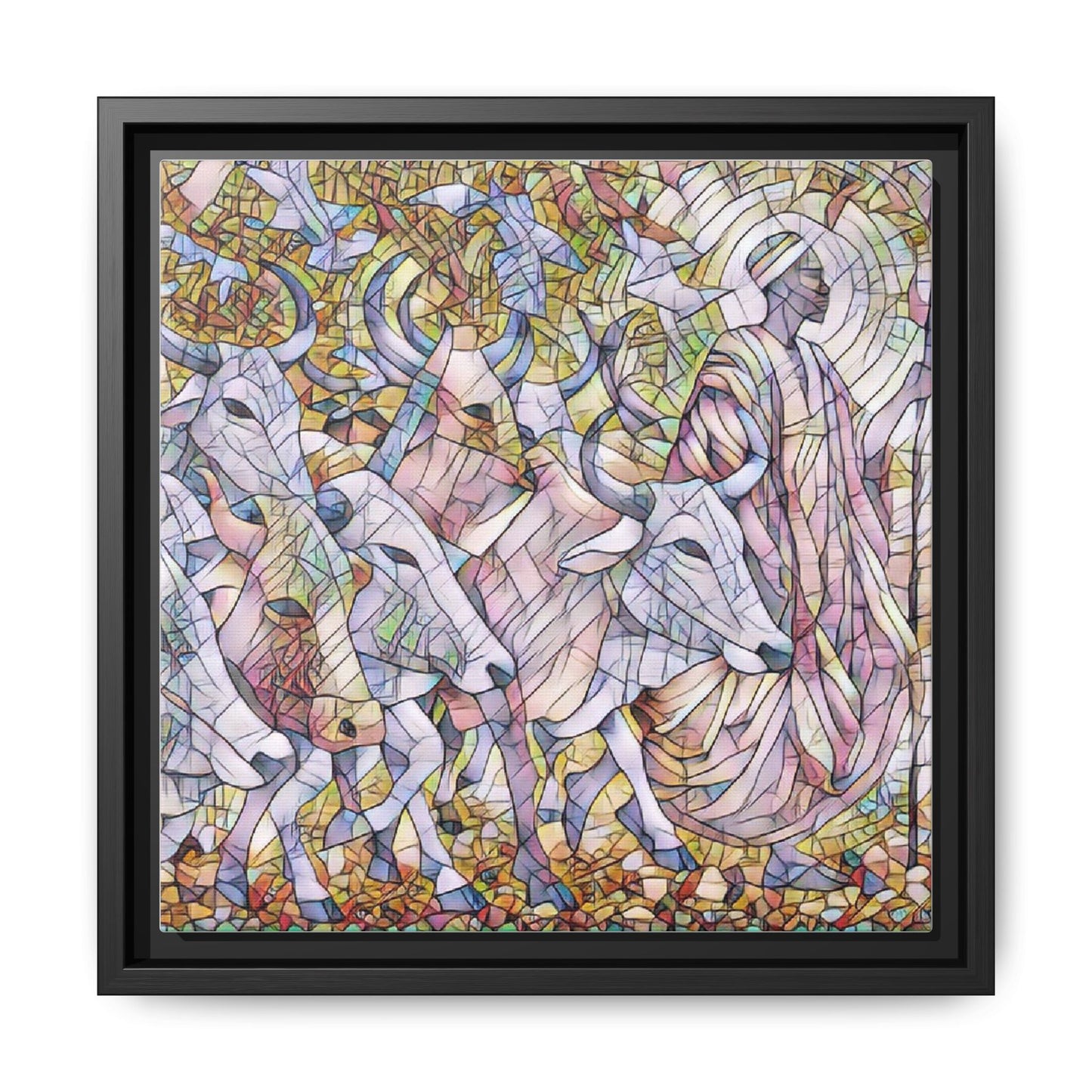 Framed Matte Canvas Art — Stained-Glass Style Cattle Herd