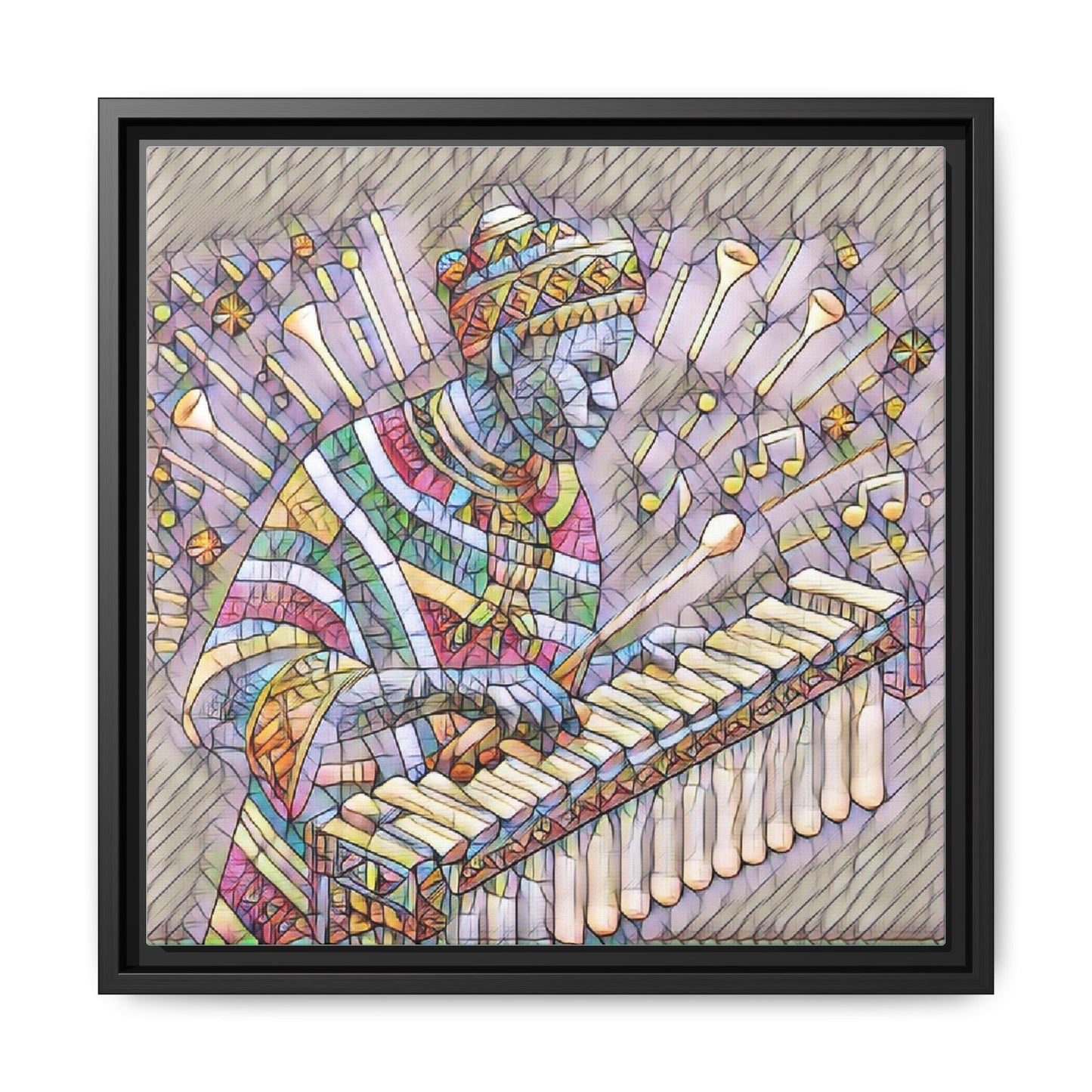 Colorful Marimba Musician Matte Framed Canvas — Vibrant African Instrument Wall Art