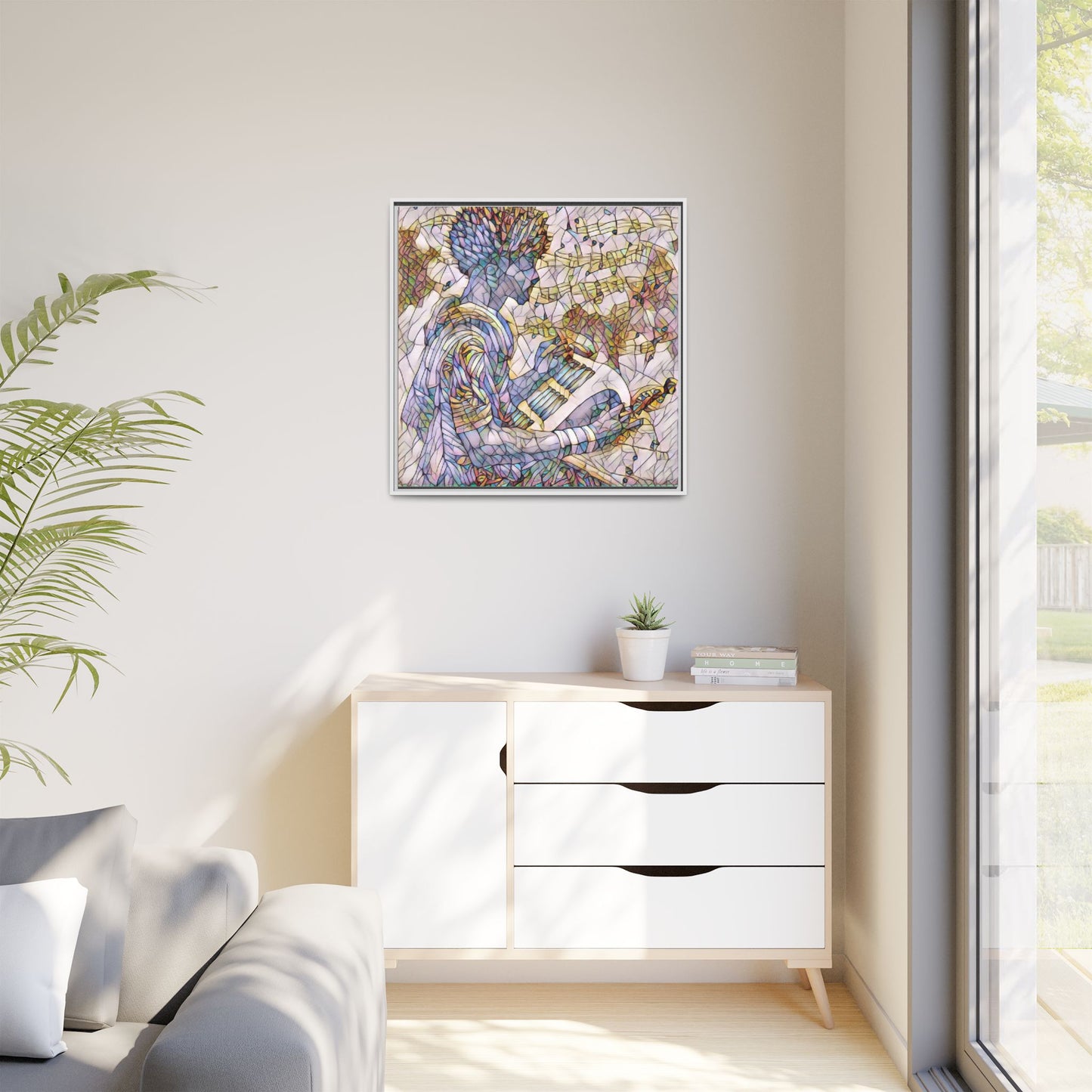 Abstract Jazz Musician Framed Canvas Art — Colorful Stained-Glass Style Wall Decor