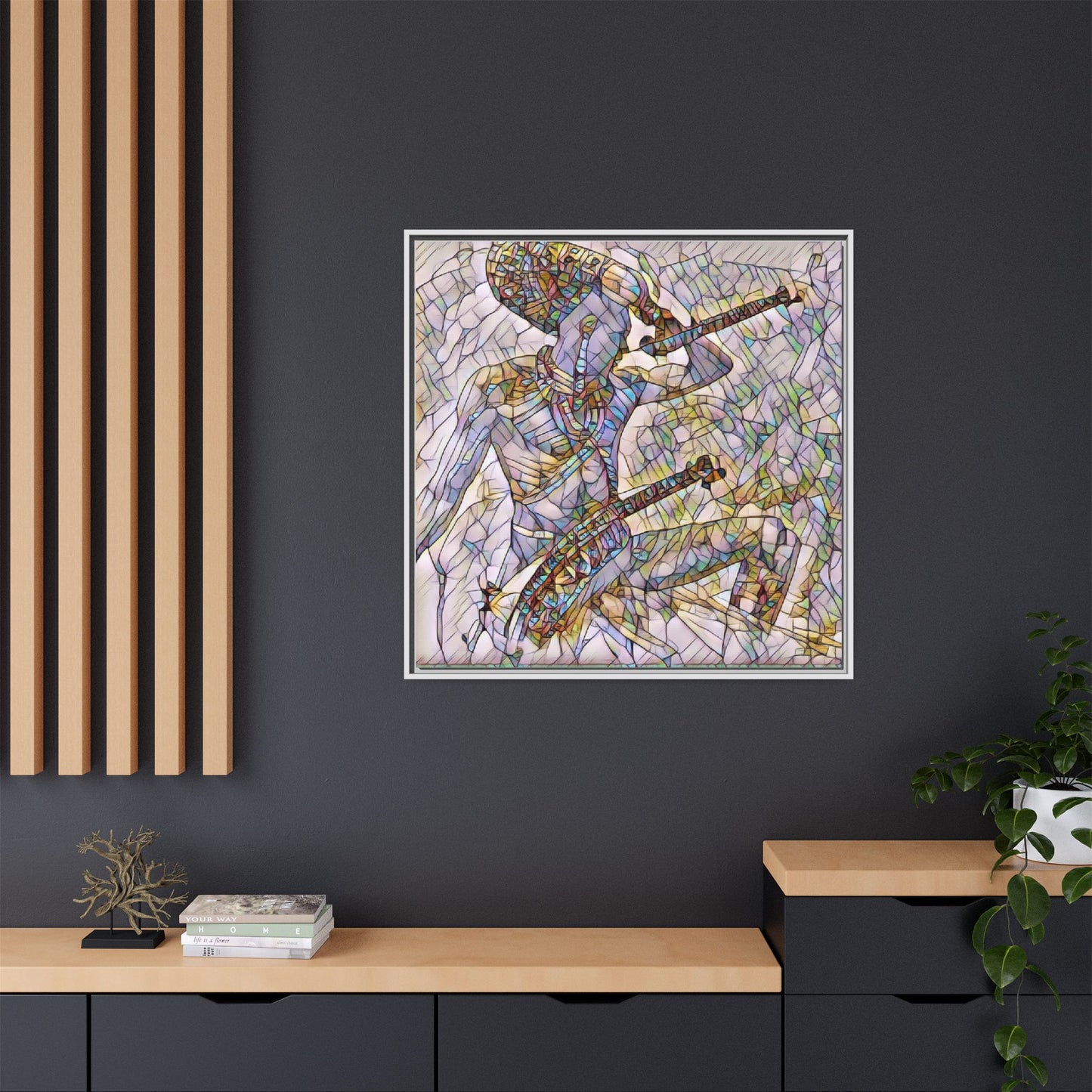Stained Glass Blue Musician — Framed Matte Canvas Art