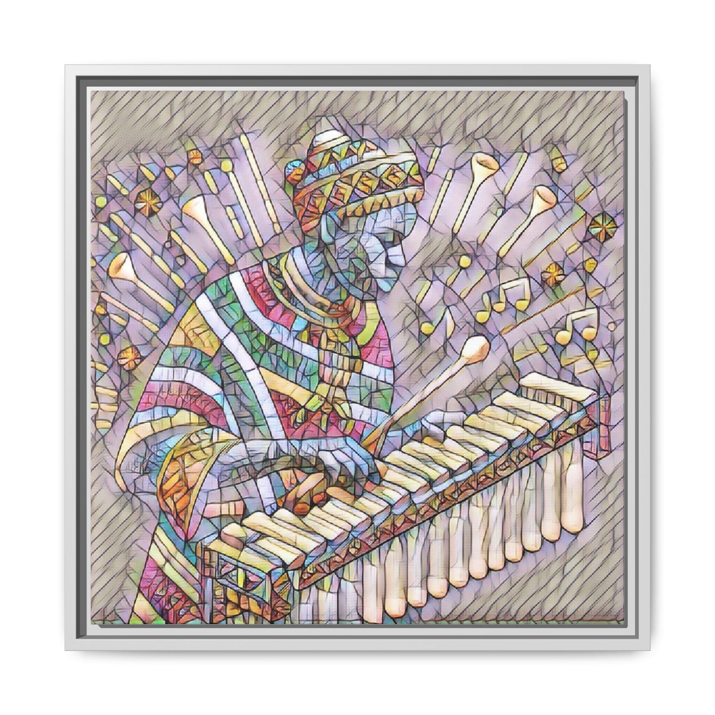 Colorful Marimba Musician Matte Framed Canvas — Vibrant African Instrument Wall Art