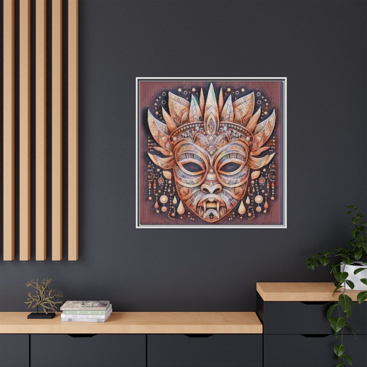 Tribal Sun Mask Framed Canvas Art — Boho Ethnic Wall Decor