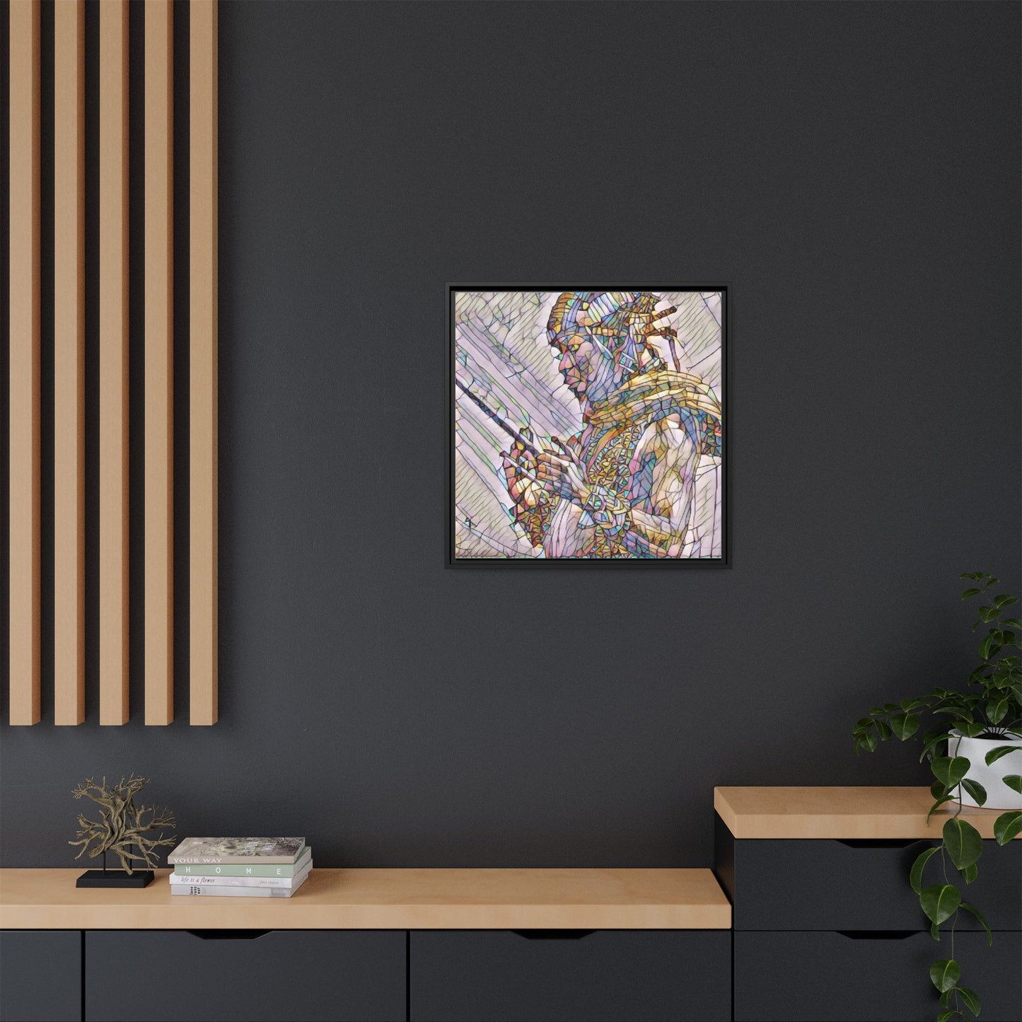 Framed Canvas Art - Colorful Tribal Warrior Portrait (Matte)