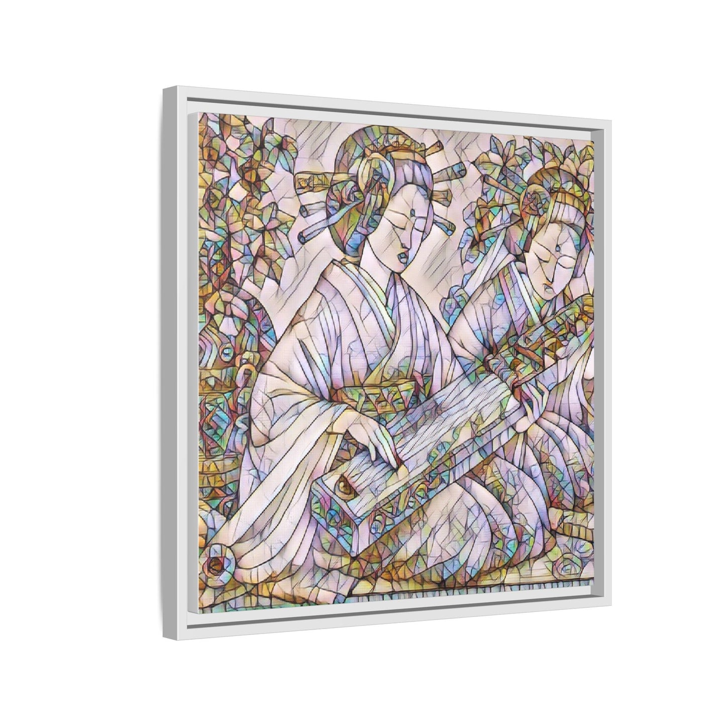 Framed Matte Canvas Print — Stained-Glass Geisha Duo