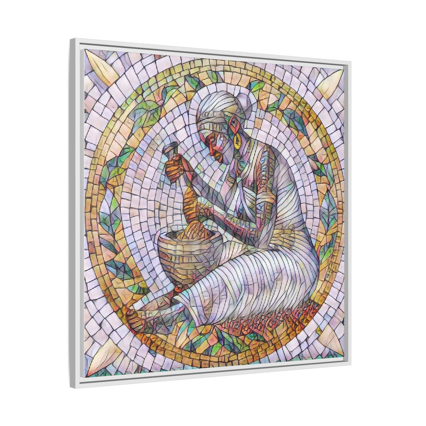 Framed Mosaic Art Print — Woman Grinding Grain (Matte Canvas)