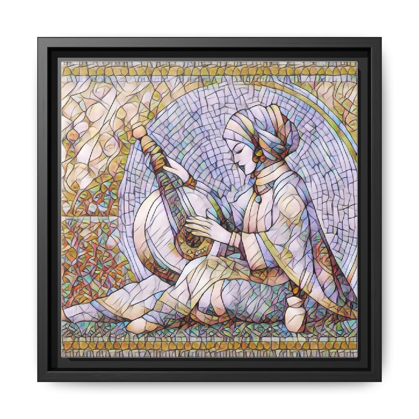 Framed Matte Canvas: Mosaic Lute Player Wall Art — Bohemian Musical Portrait