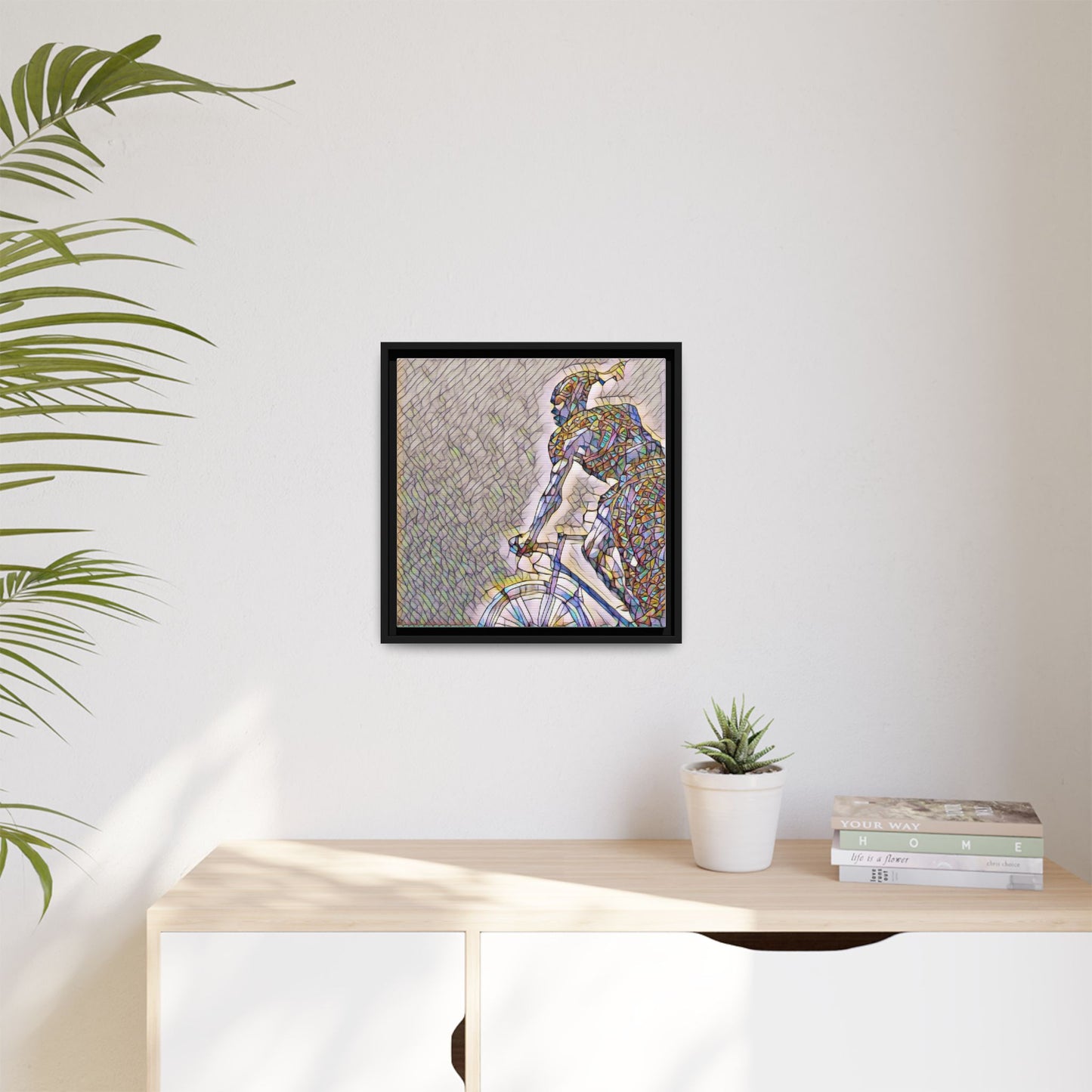 Cyclist Mosaic Matte Canvas Print — Framed Multicolor Bike Art