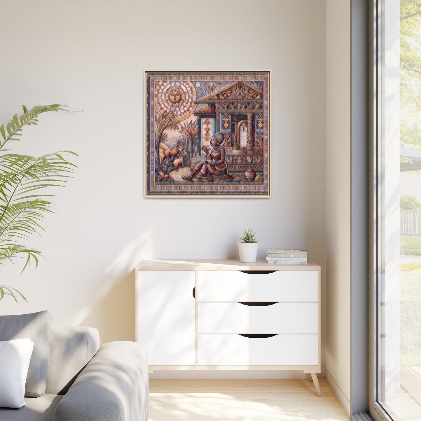 Egyptian Goddess Mosaic Framed Canvas Art — Colorful Ancient Ritual Wall Decor