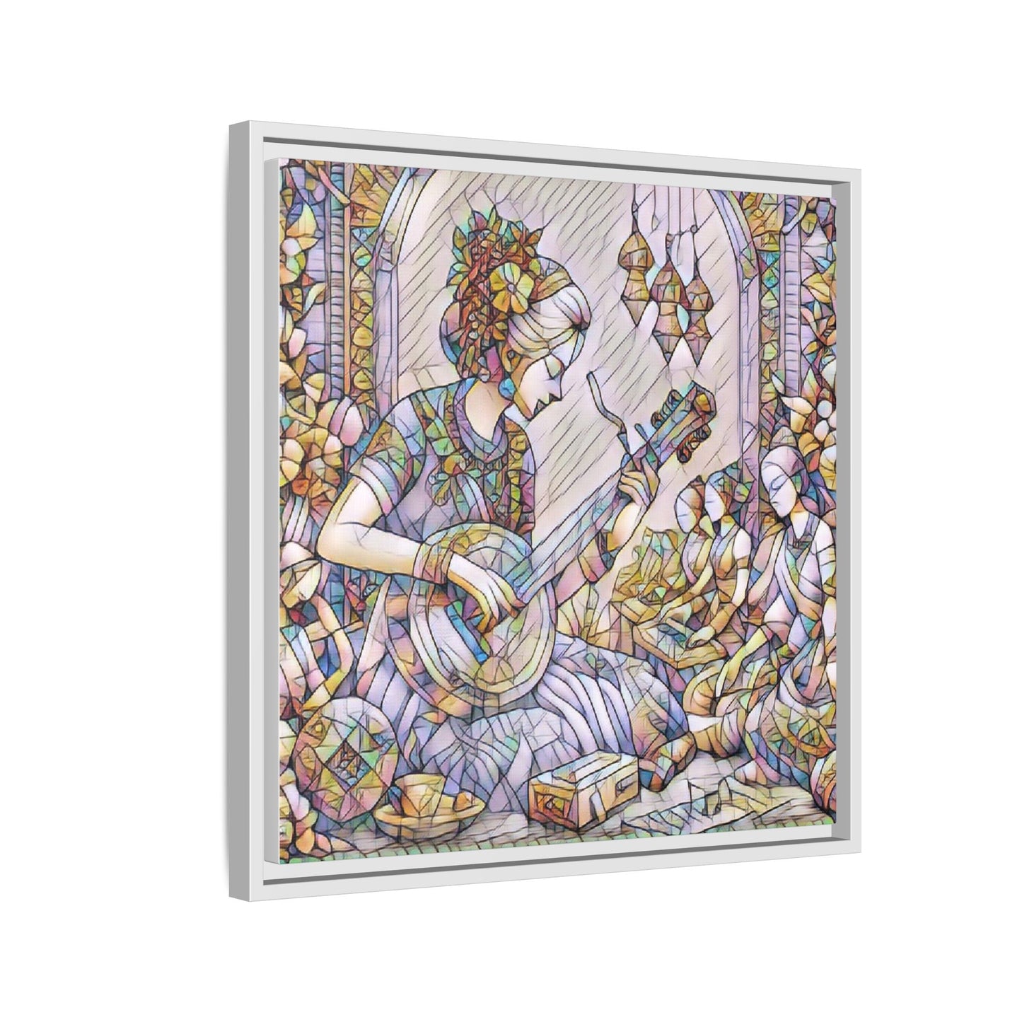 Framed Matte Canvas: Bohemian Woman Playing Lute — Stained-Glass Style Wall Art