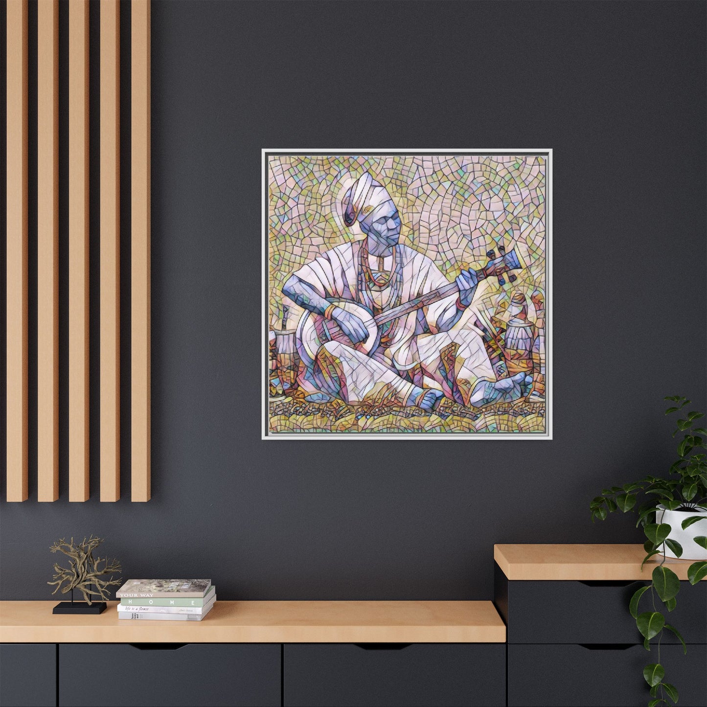 Framed Mosaic Musician Canvas Art — African Griot with Kora