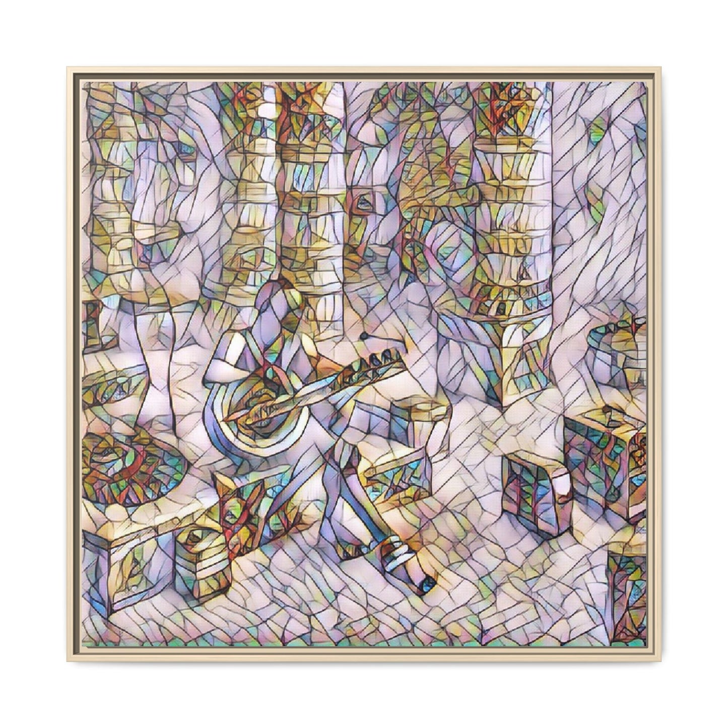 Framed Matte Canvas Art - Abstract Guitarist in Colorful Mosaic