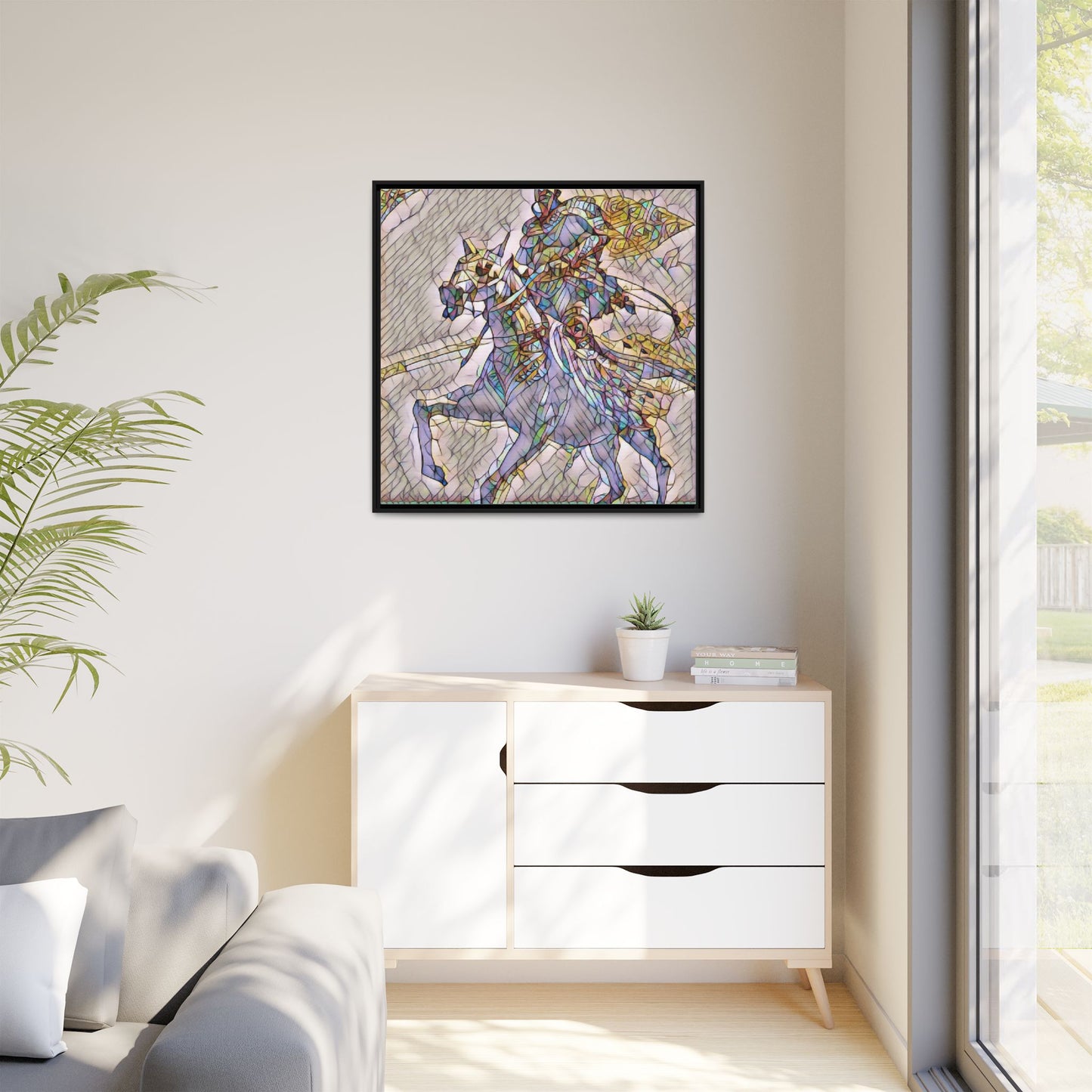 Framed Matte Canvas Art — Stained Glass Knight on Horse Fantasy Wall Decor