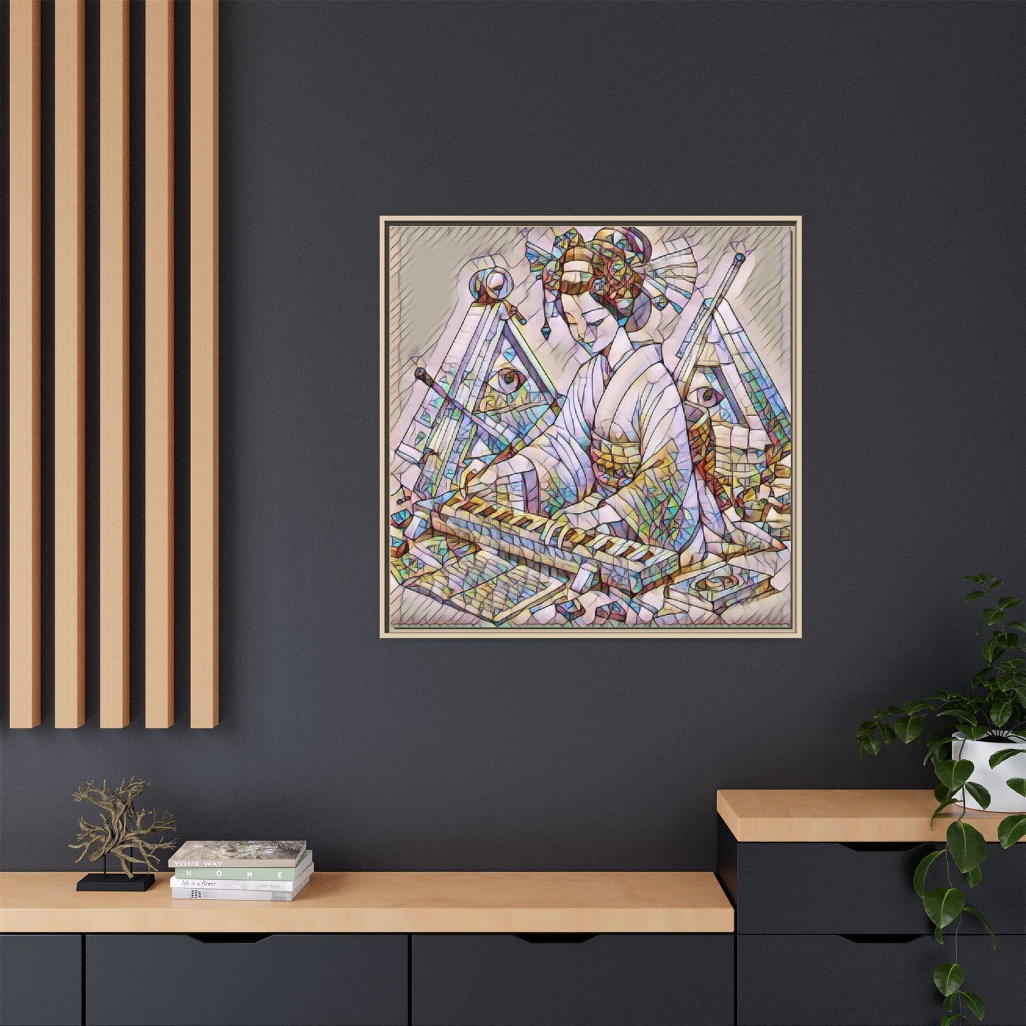 Framed Matte Canvas: Stained-Glass Geisha Wall Art