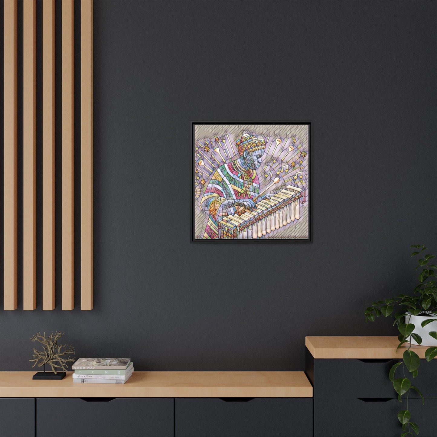 Colorful Marimba Musician Matte Framed Canvas — Vibrant African Instrument Wall Art