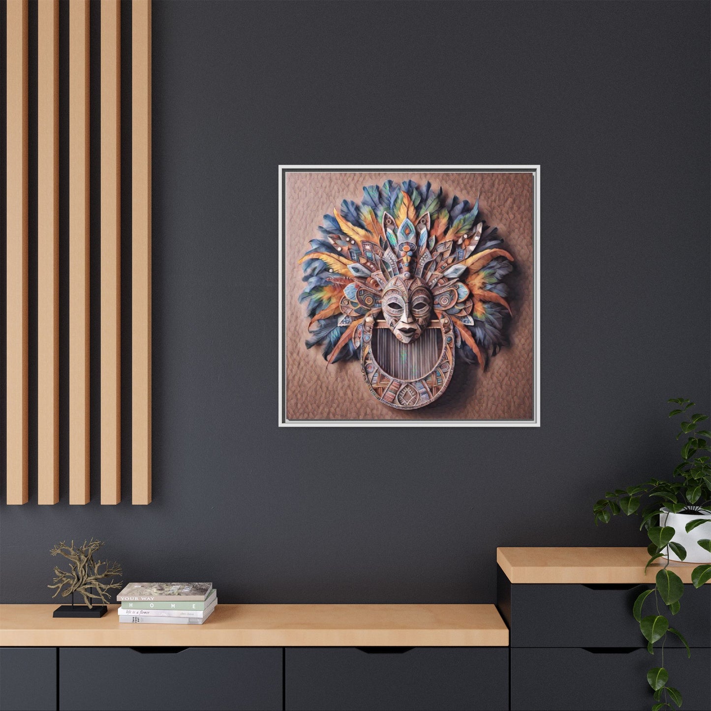 Tribal Feather Mask Framed Canvas Wall Art — Colorful Boho Decorative Print