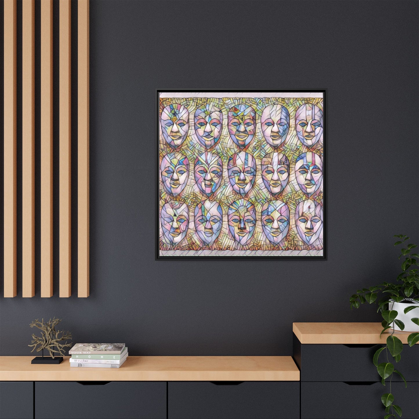 Abstract Mask Art Matte Canvas Print — Framed Multicolor Wall Art