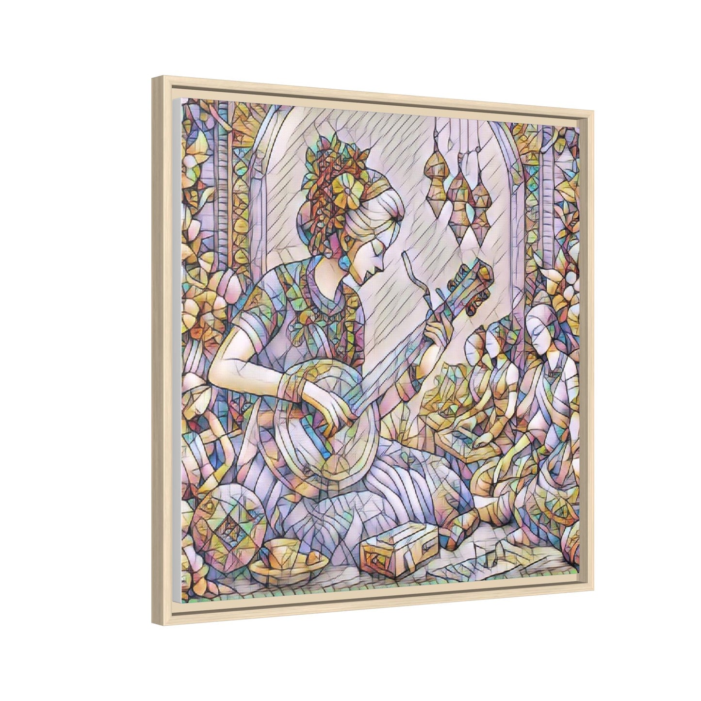Framed Matte Canvas: Bohemian Woman Playing Lute — Stained-Glass Style Wall Art