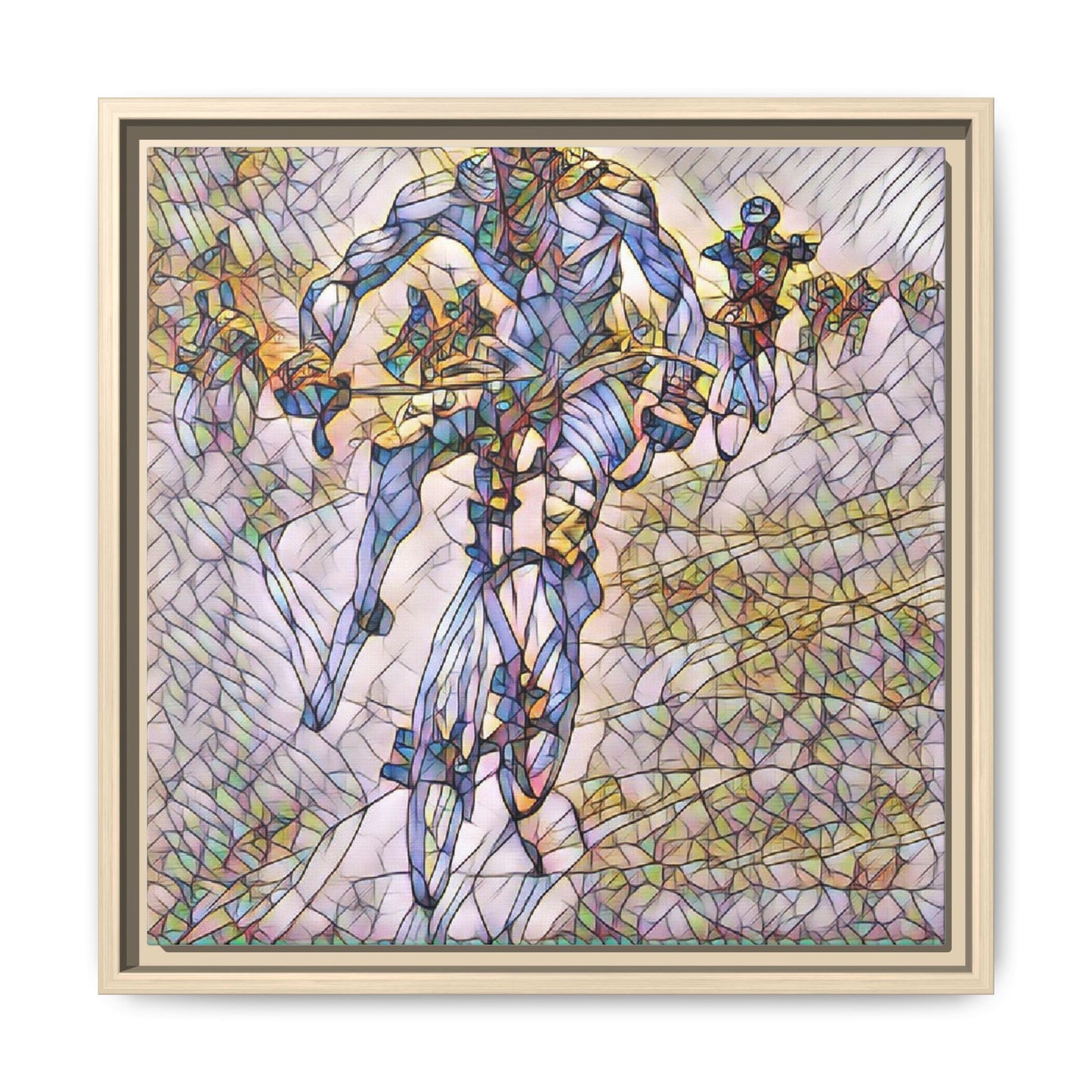 Abstract Cyclist Matte Canvas Framed Art — Colorful Stained-Glass Bike Print