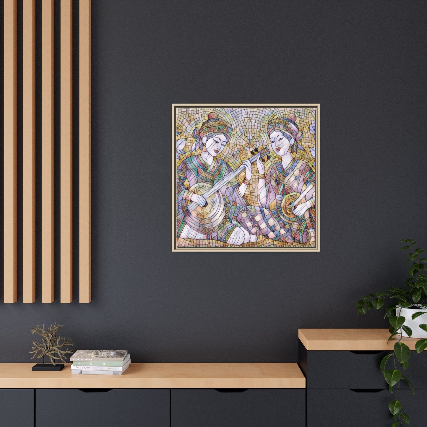 Framed Mosaic Musician Canvas Art — Ethnic Duo Wall Decor