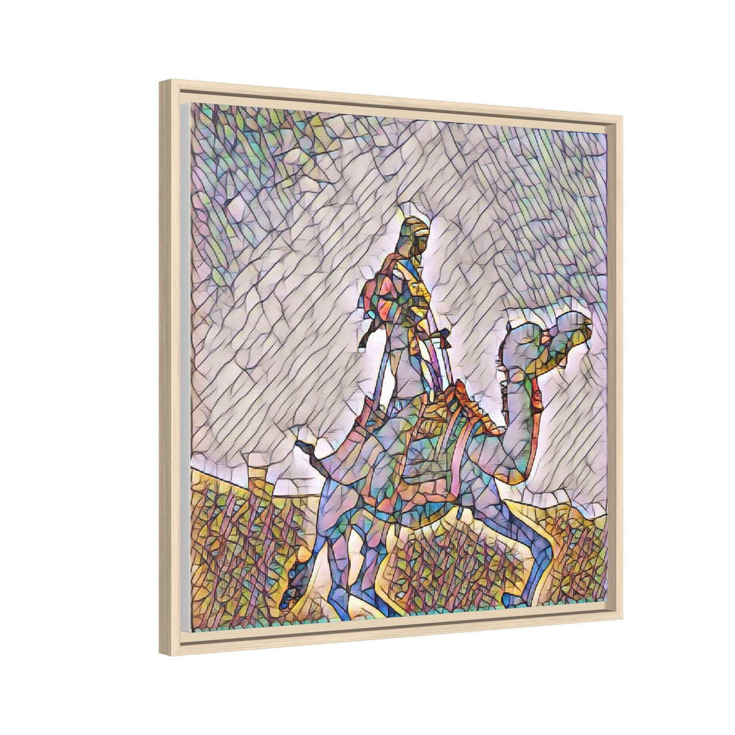 Framed Camel Rider Matte Canvas Art — Colorful Mosaic Desert Wall Decor