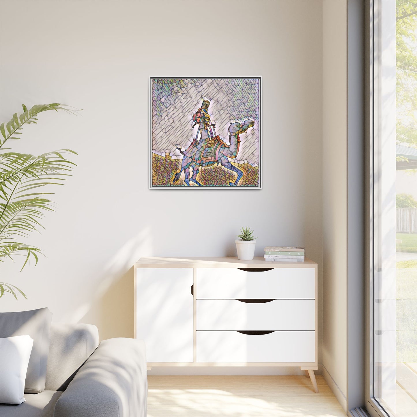 Framed Camel Rider Matte Canvas Art — Colorful Mosaic Desert Wall Decor