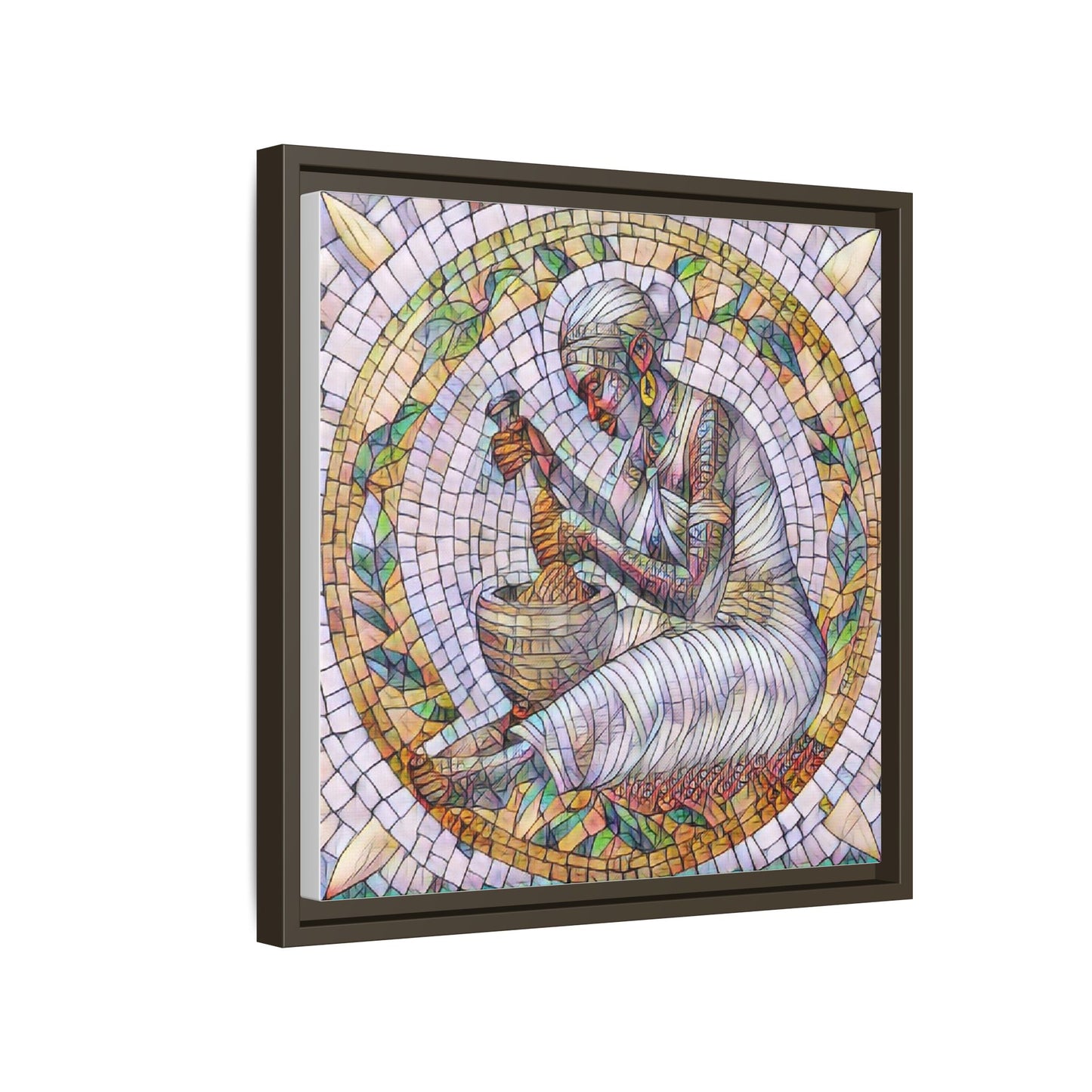 Framed Mosaic Art Print — Woman Grinding Grain (Matte Canvas)