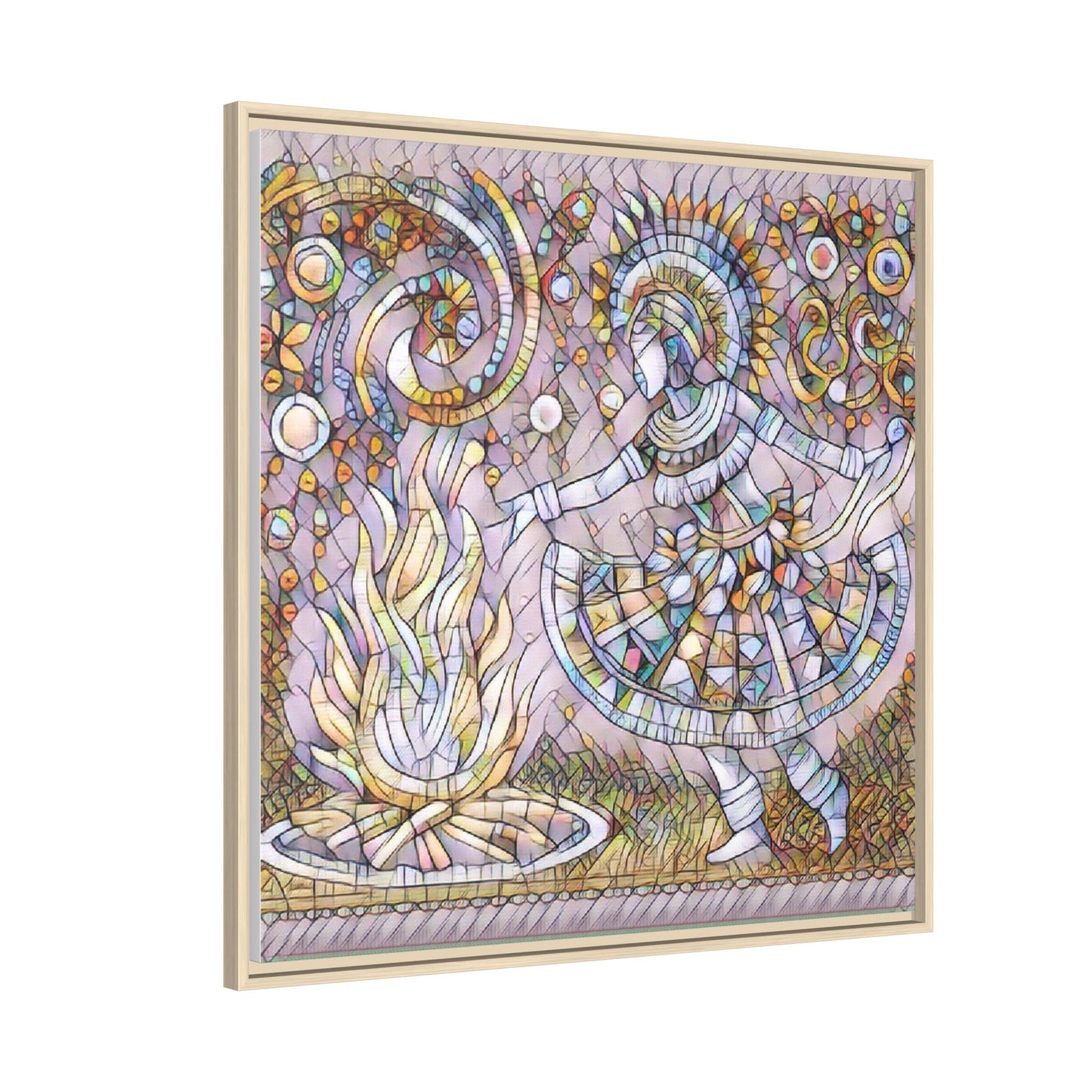 Bohemian Fire Dancer Framed Canvas Art — Colorful Folk Mosaic Wall Decor