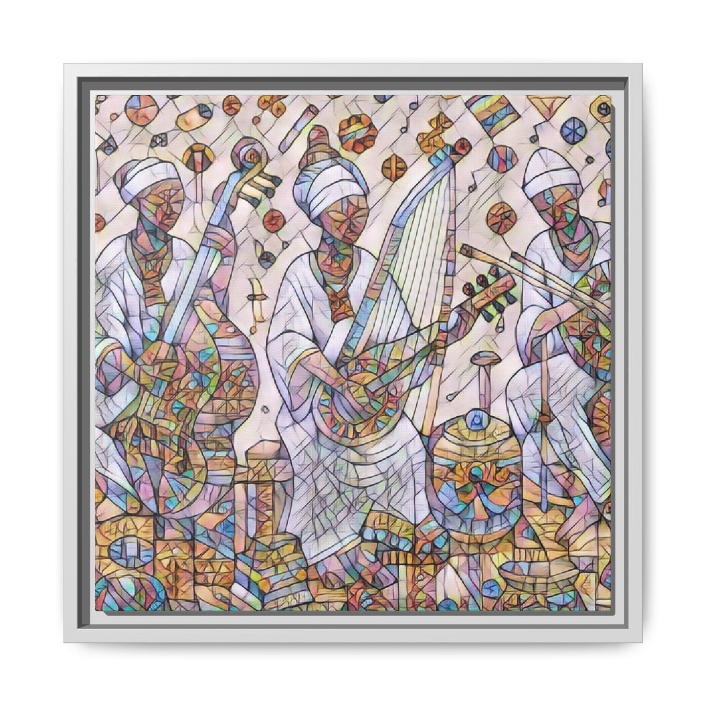 Framed Matte Canvas Print — Colorful African Musicians Stained-Glass Art