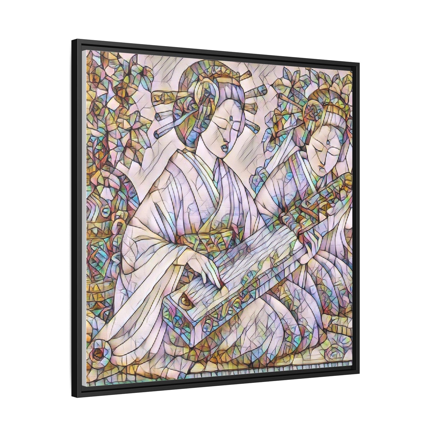 Framed Matte Canvas Print — Stained-Glass Geisha Duo
