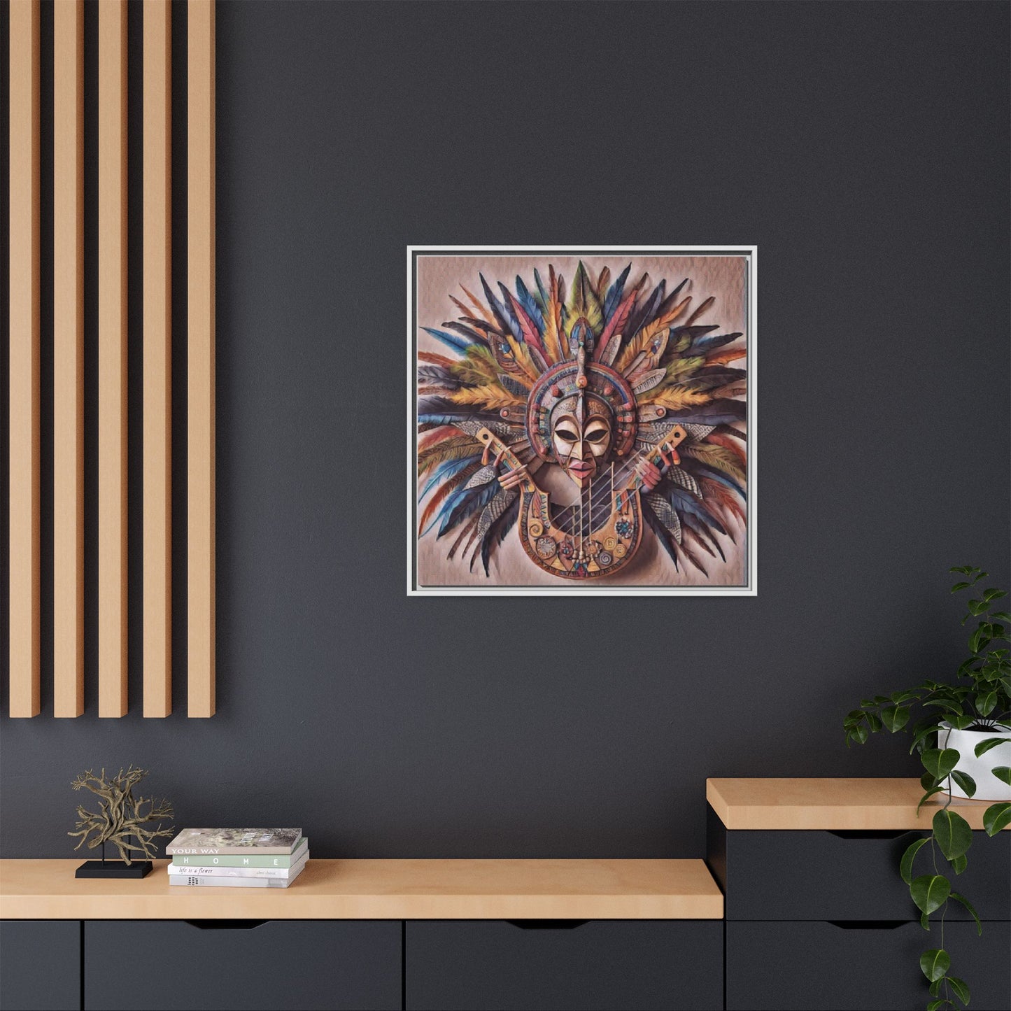 Tribal Feather Mask Guitar Framed Canvas Art — Colorful Boho Wall Decor