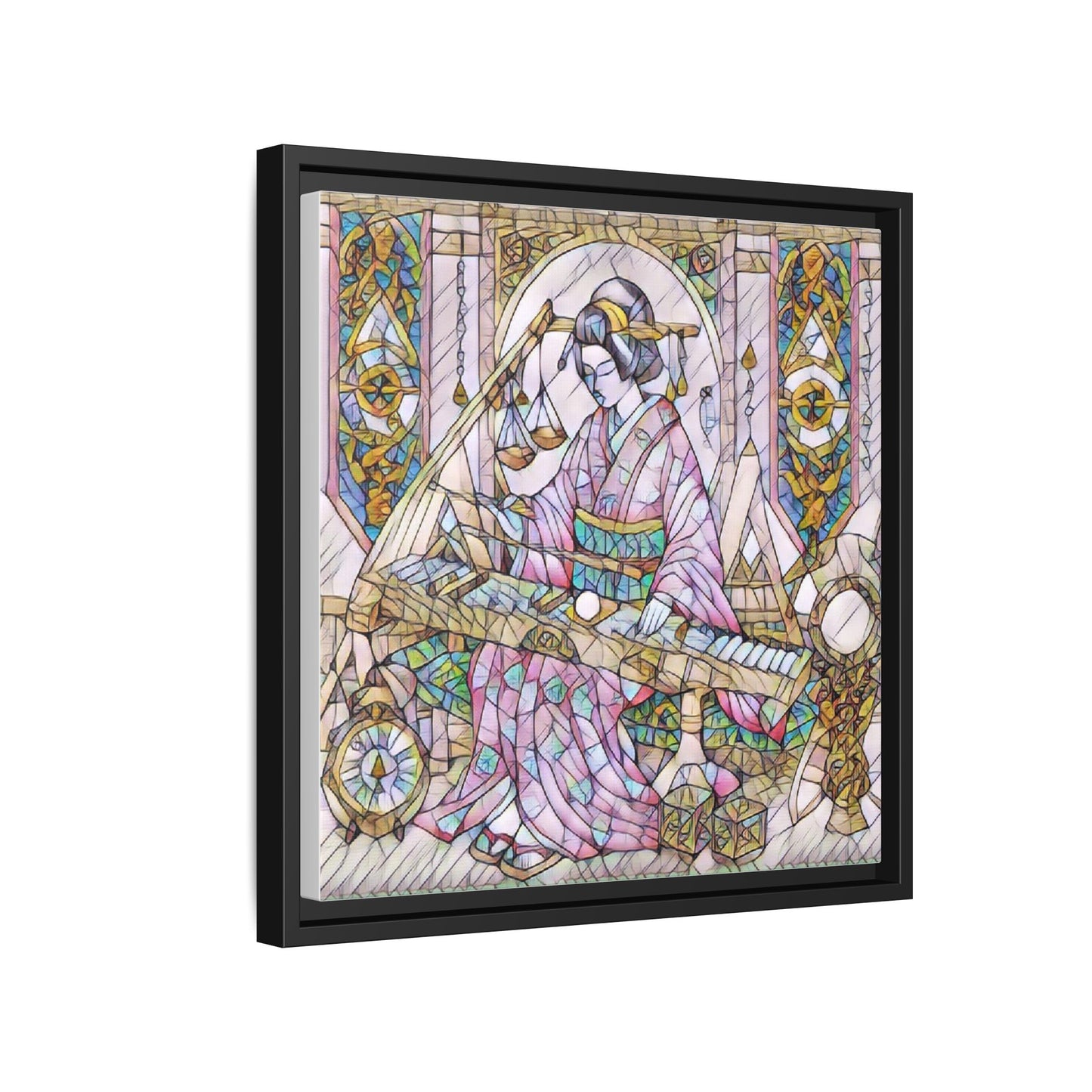 Framed Matte Canvas — Geisha Harp Stained-Glass Art Print