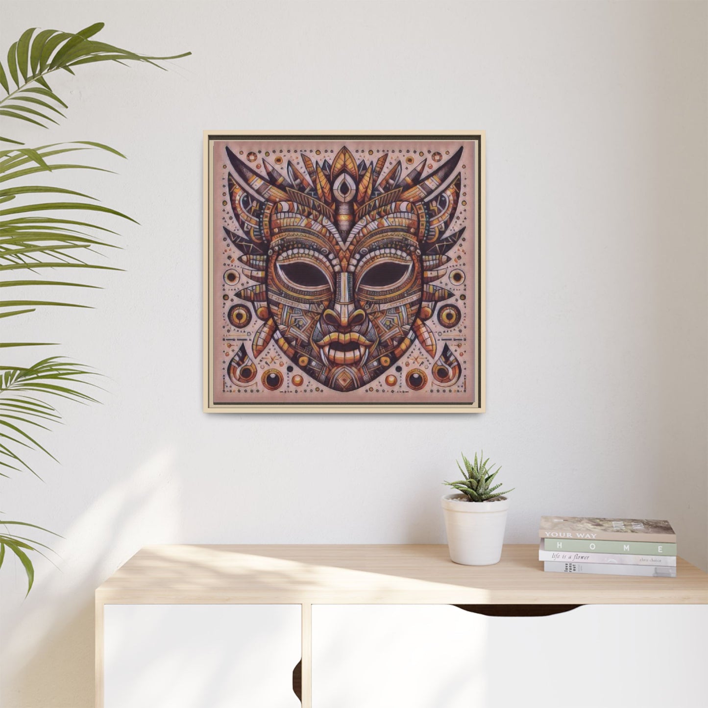 Tribal Mask Framed Canvas Art — Multicolor Matte Wall Decor