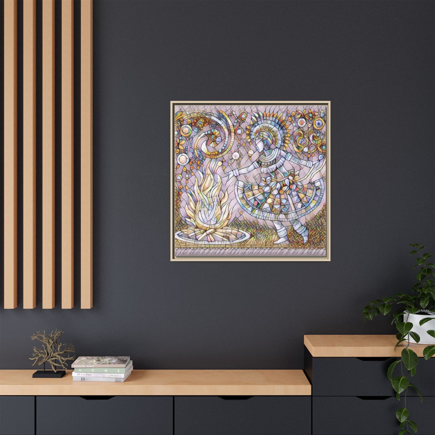 Bohemian Fire Dancer Framed Canvas Art — Colorful Folk Mosaic Wall Decor