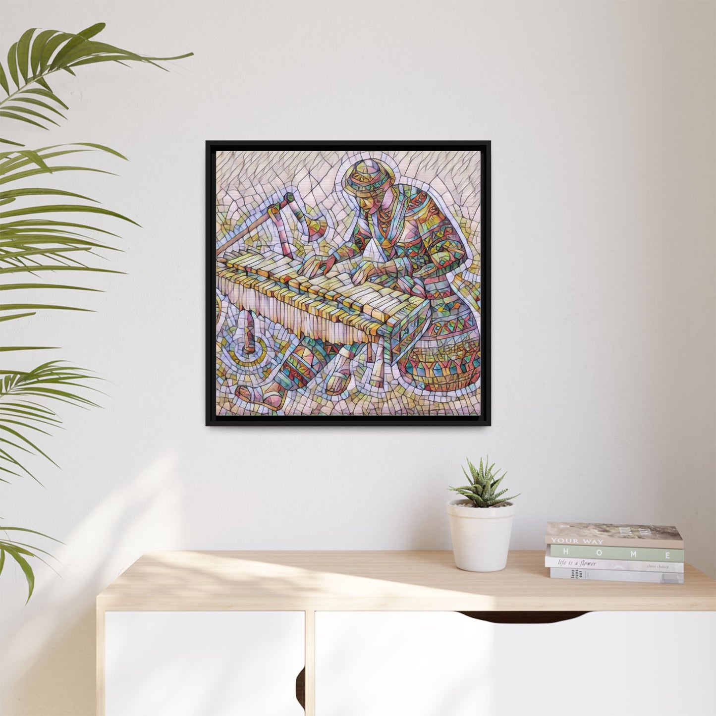 Framed Canvas Art - Colorful Mosaic Vibraphone Musician Print