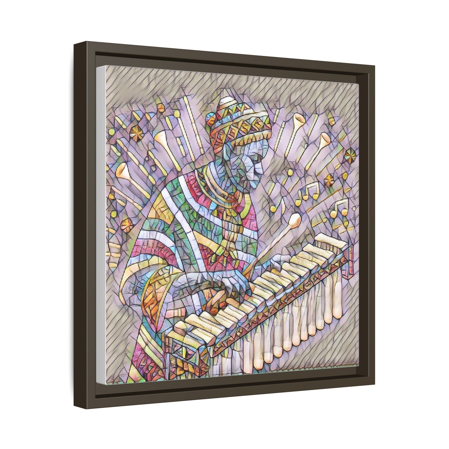 Colorful Marimba Musician Matte Framed Canvas — Vibrant African Instrument Wall Art