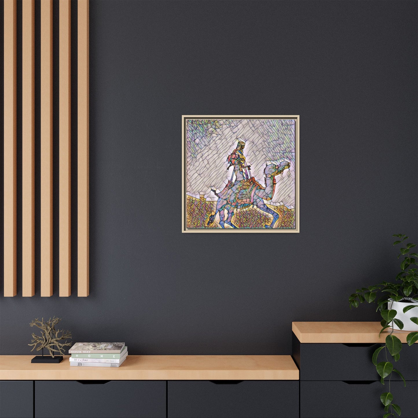 Framed Camel Rider Matte Canvas Art — Colorful Mosaic Desert Wall Decor