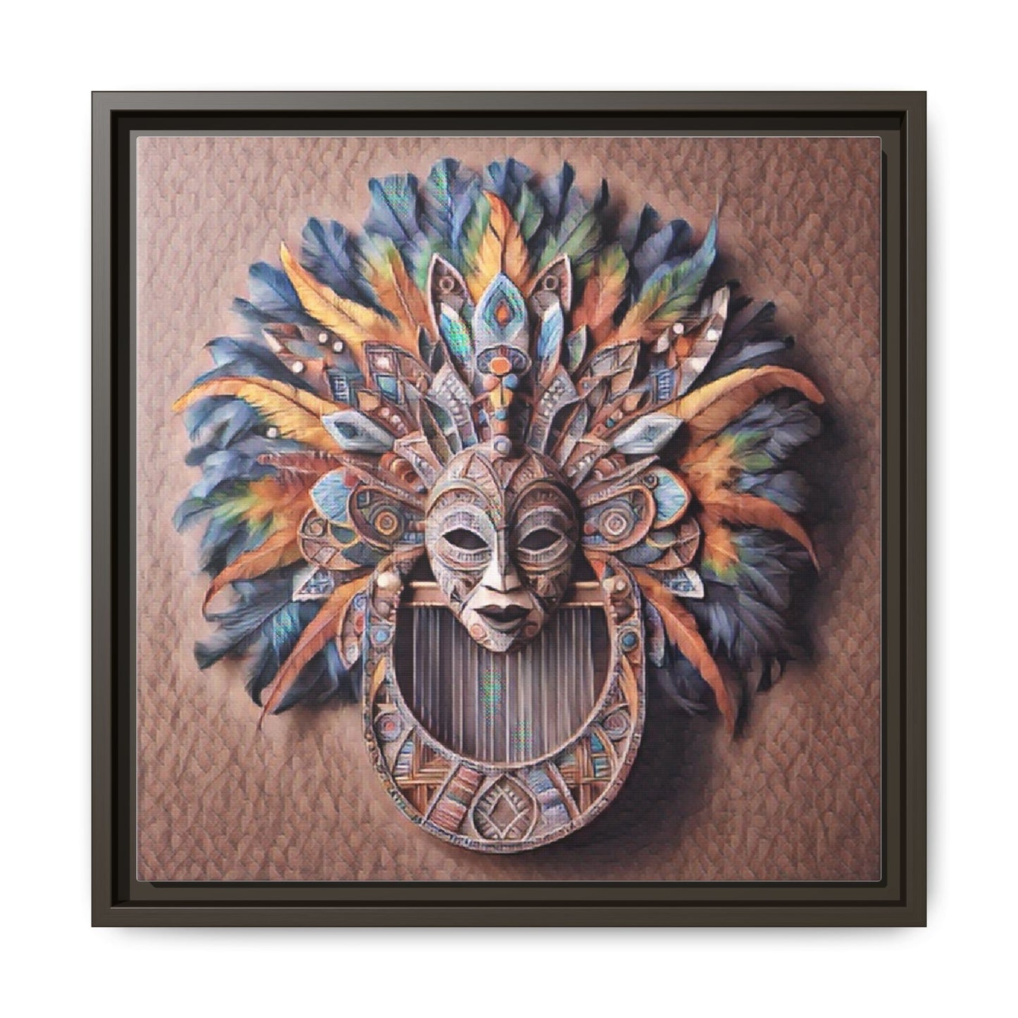 Tribal Feather Mask Framed Canvas Wall Art — Colorful Boho Decorative Print