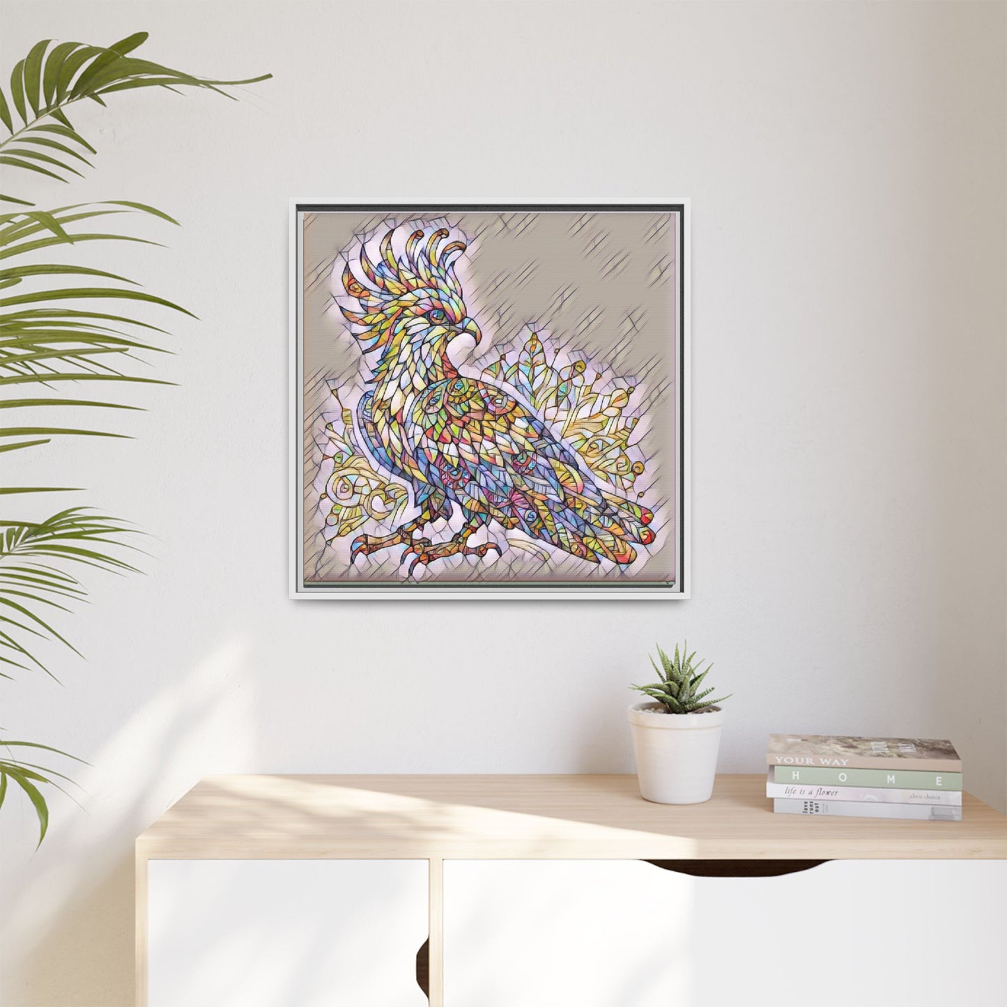 Colorful Stained-Glass Cockatoo Matte Framed Canvas