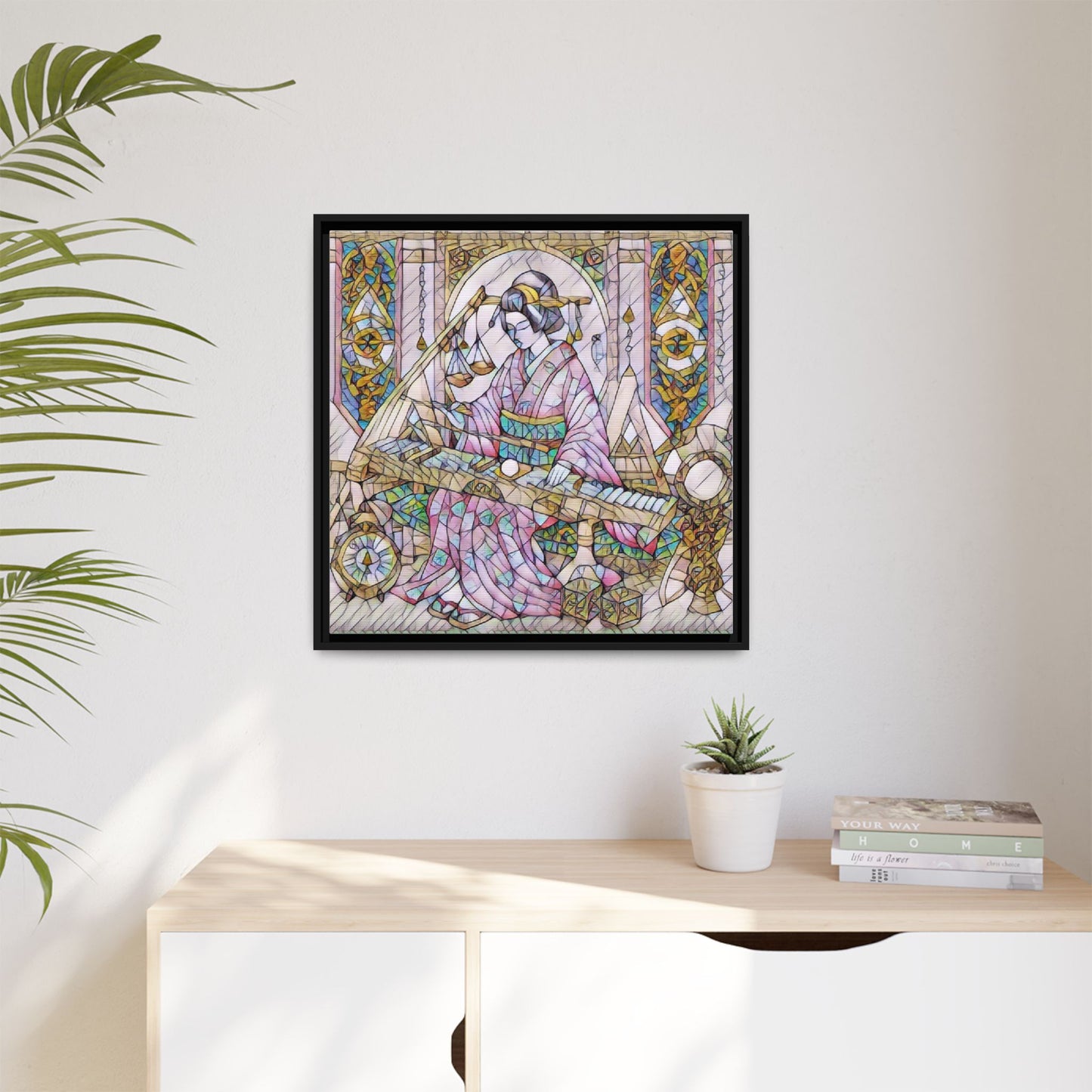 Framed Matte Canvas — Geisha Harp Stained-Glass Art Print