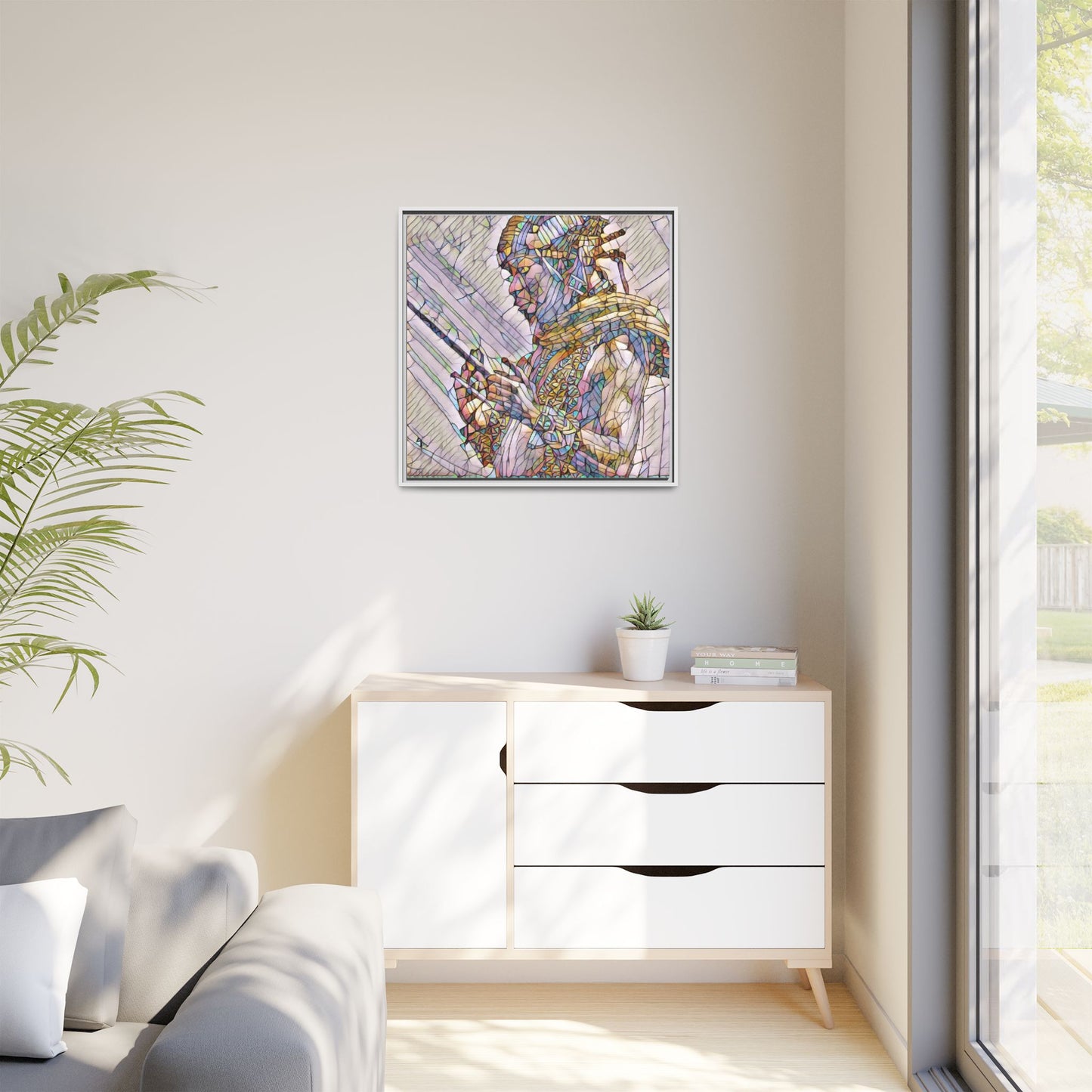 Framed Canvas Art - Colorful Tribal Warrior Portrait (Matte)