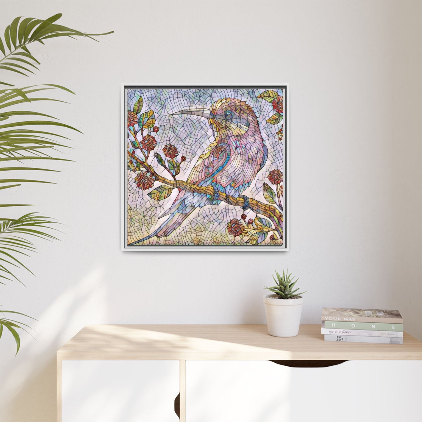 Framed Mosaic Bird Art Print — Colorful Kookaburra Wall Canvas