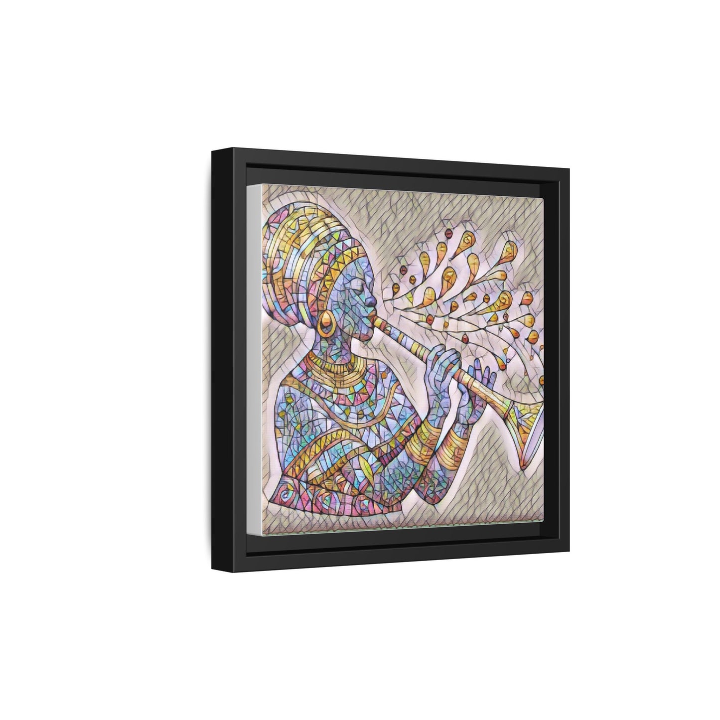 Framed Matte Canvas Art – Colorful African Musician Trumpet Print