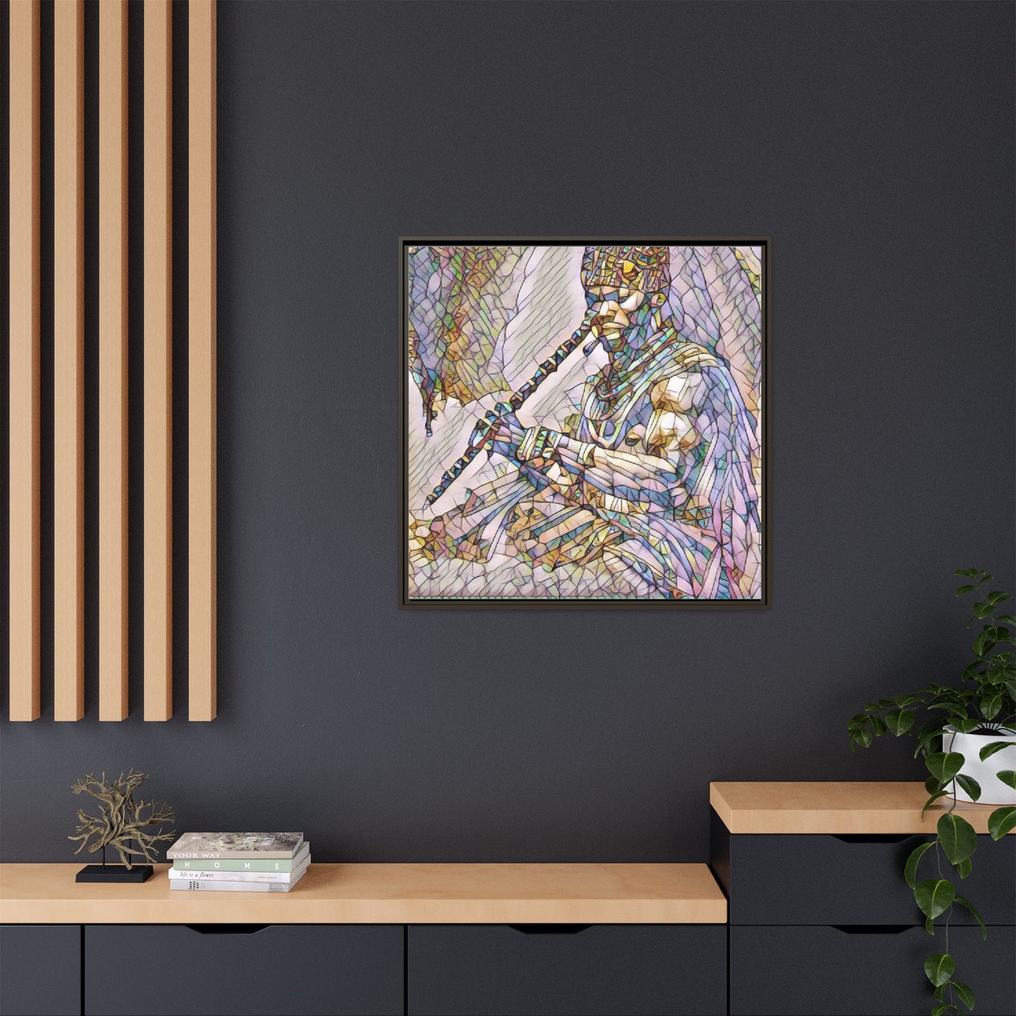 Tribal Flute Musician Stained-Glass Framed Canvas Art
