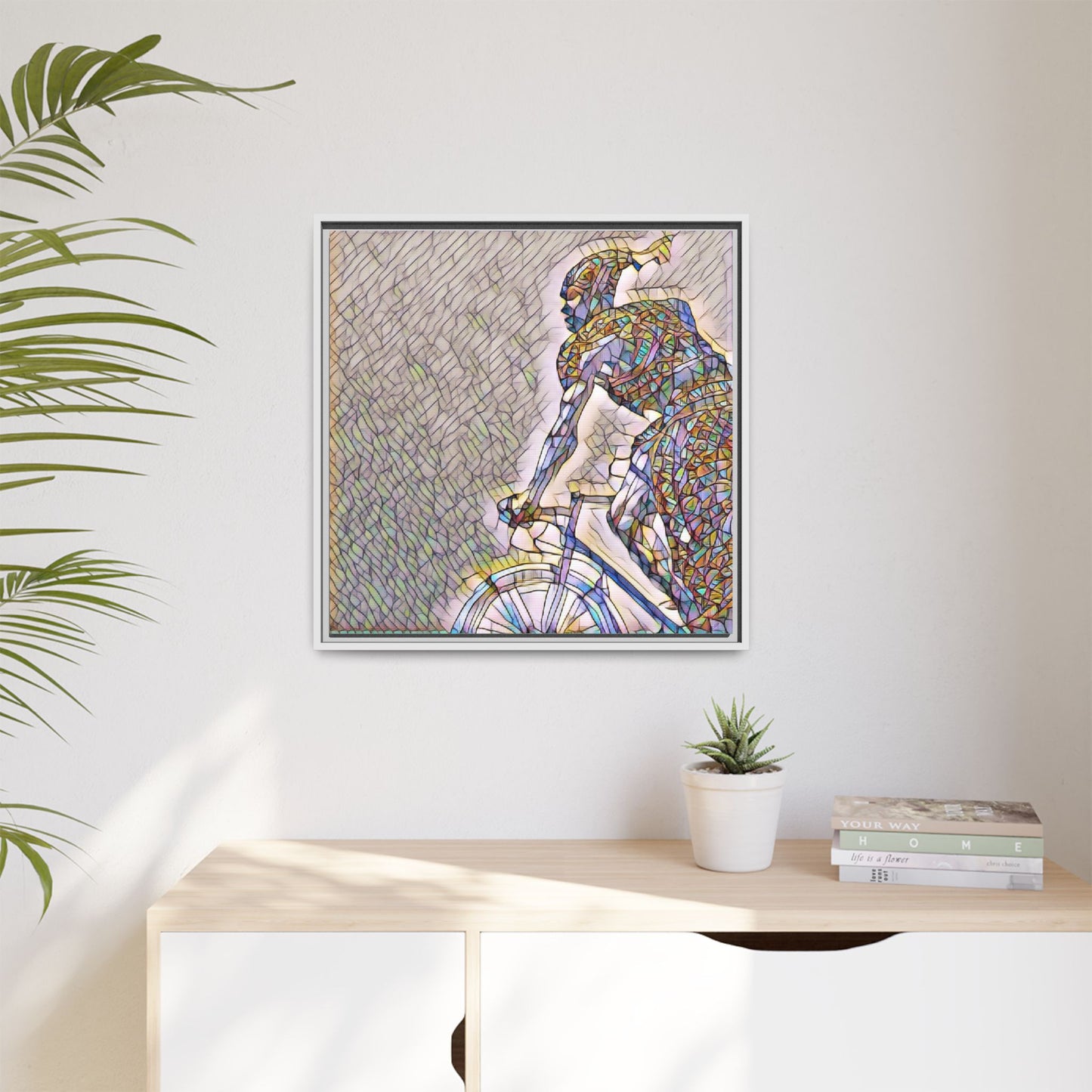Cyclist Mosaic Matte Canvas Print — Framed Multicolor Bike Art