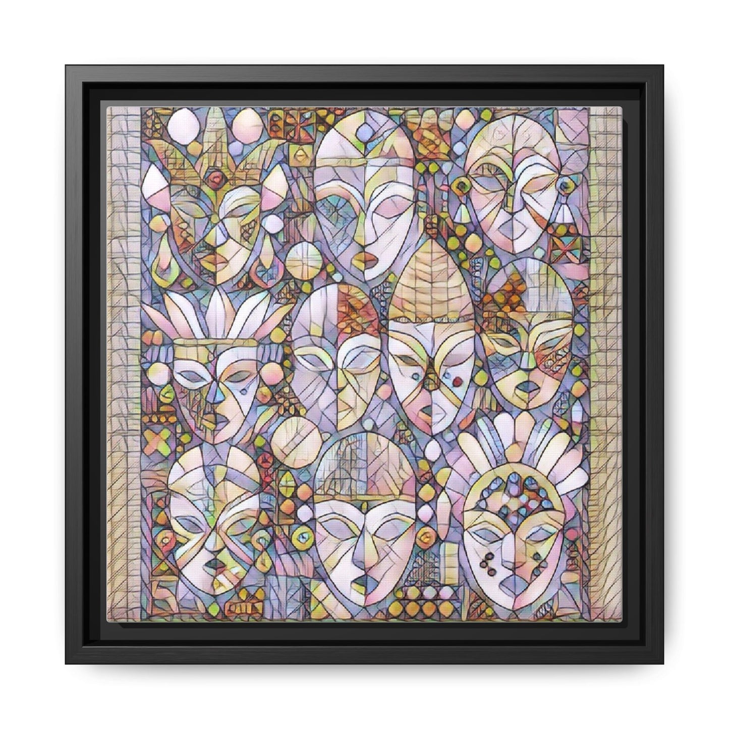 Framed Abstract Mask Art Canvas — Multicolor Stained-Glass Faces Wall Decor