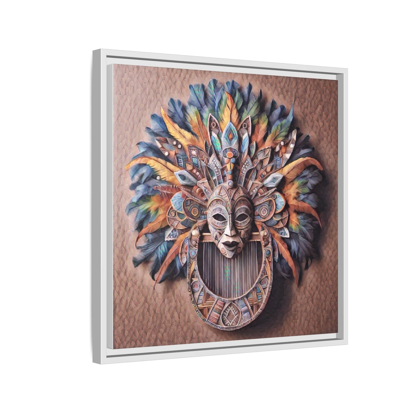 Tribal Feather Mask Framed Canvas Wall Art — Colorful Boho Decorative Print