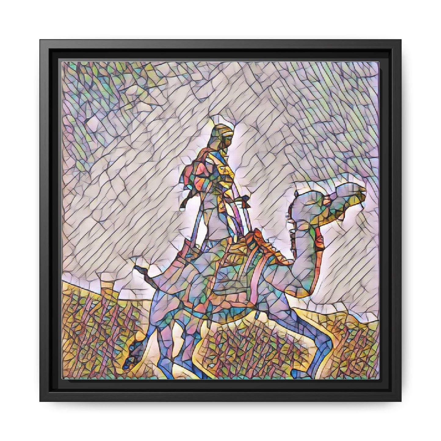 Framed Camel Rider Matte Canvas Art — Colorful Mosaic Desert Wall Decor
